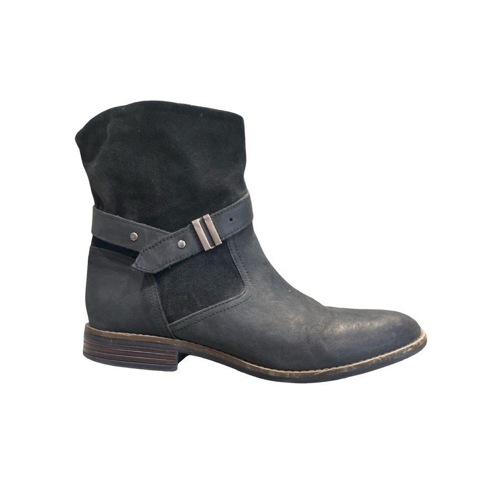 Clarks Artisan Black Leather Suede Ankle Boots Buckle Moto Bootie Zip Women 10 M